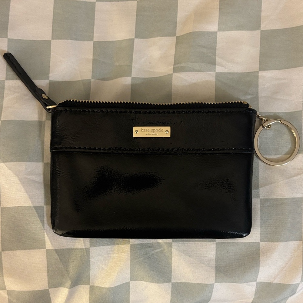 Kate Spade Glossy Black Leather Wristlet with Gold Ring — Storybook Lining - Picture 4 of 16